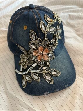 Embellished Denim Baseball Cap with Crystal Floral Accent - Blue